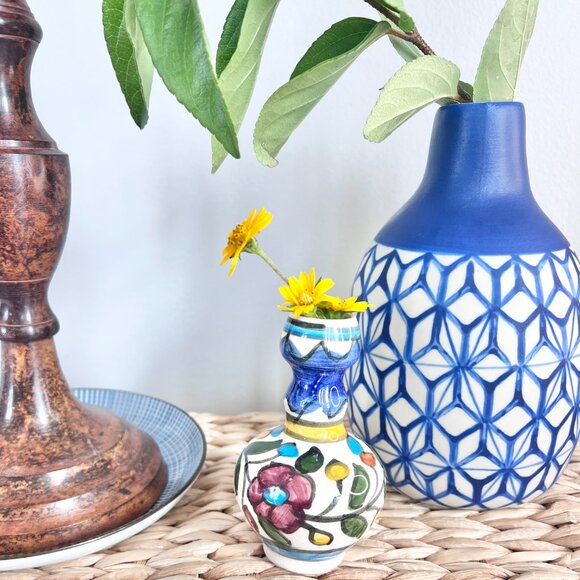 Vintage Artisan De Luxe Home Boho Thai Vase Royal Blue Geometric Print 7” - Picture 9 of 13